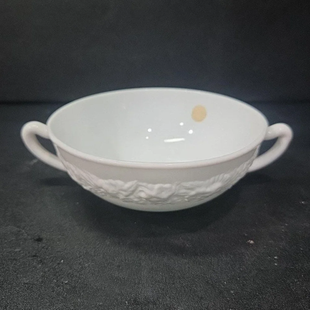 Anchor Hocking Milk Glass Soup Bowl, Dual Handled Floral Dish, Vtg Kitchenware